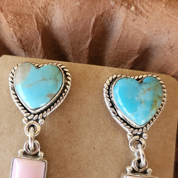 Native American Sterling Silver Turquoise Pink Conch Heart Dangle Slab Earrings - Picture 3 of 6